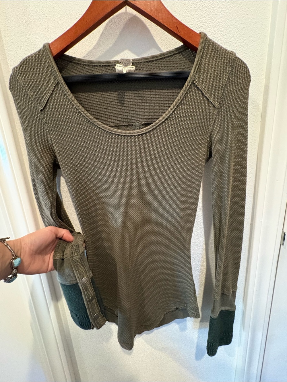 RARE Free People Olive Sunnie Days Long Sleeve Waffle Thermal Cuff